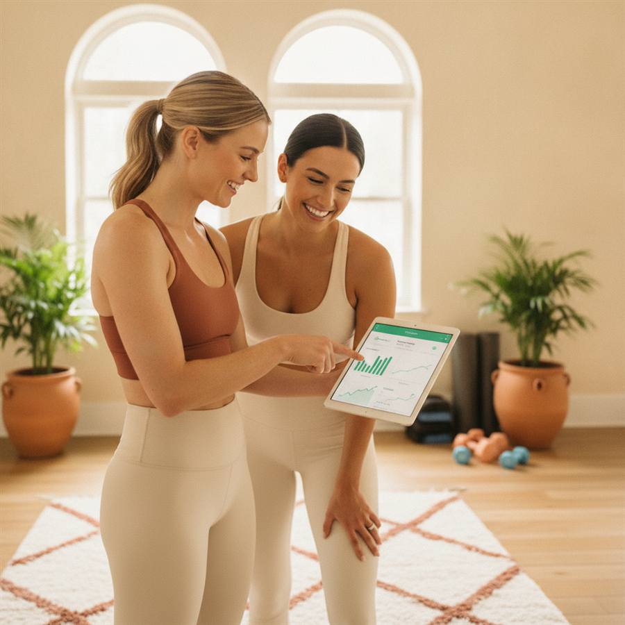 Coach et adhérente consultant le programme personnalisé sur l'application